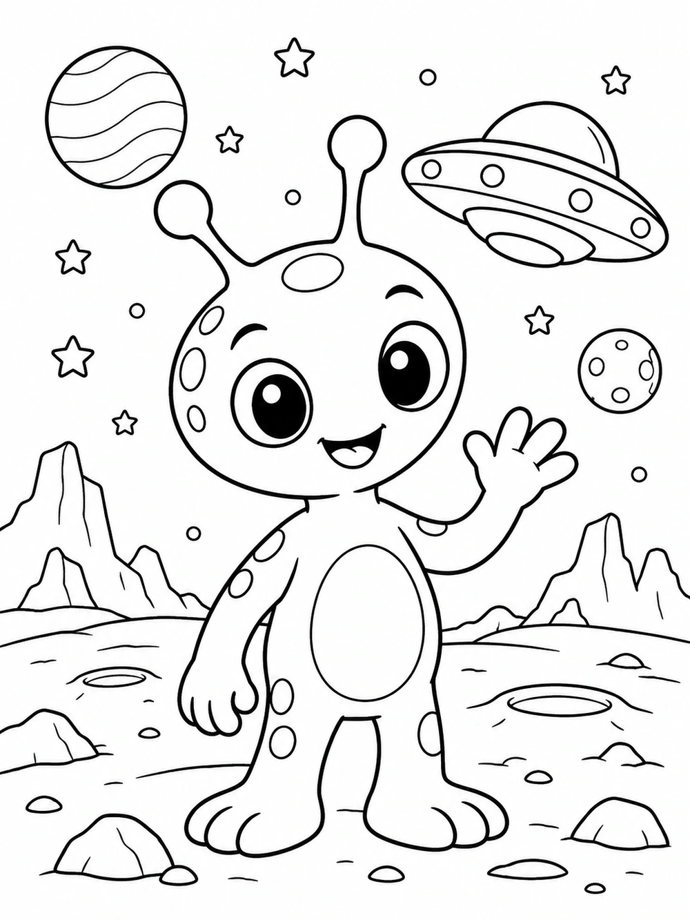 Black-and-white space coloring page showing a large-eyed waving alien, a flying saucer, stars, a planet, and a rocky lunar landscape.