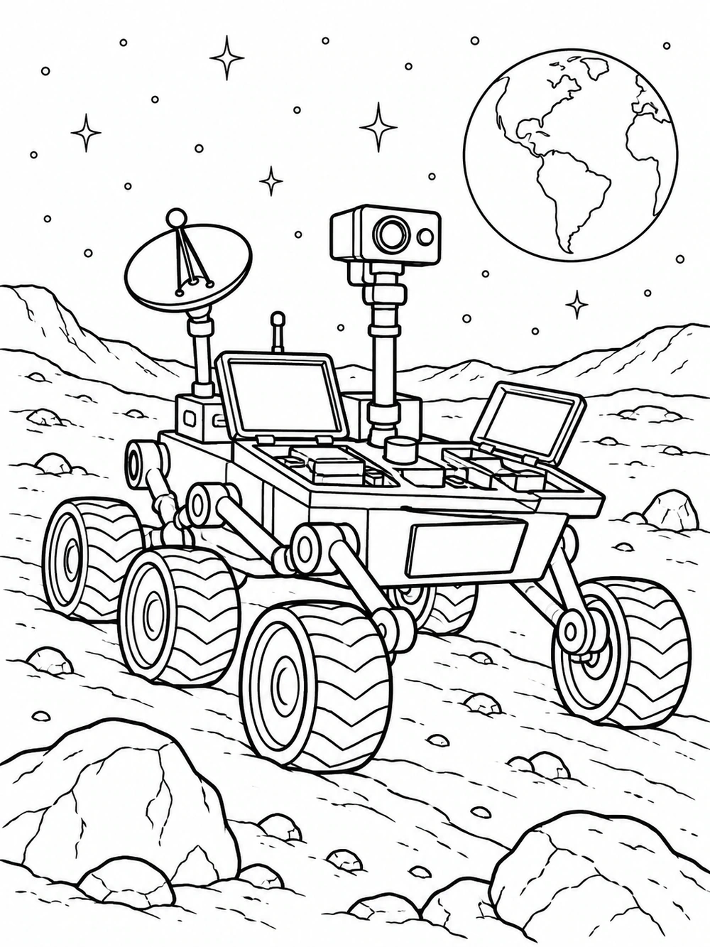 Detailed six-wheeled lunar rover with antenna, camera mast, and open panels on a rocky moon path beneath a planet, black-and-white coloring page.