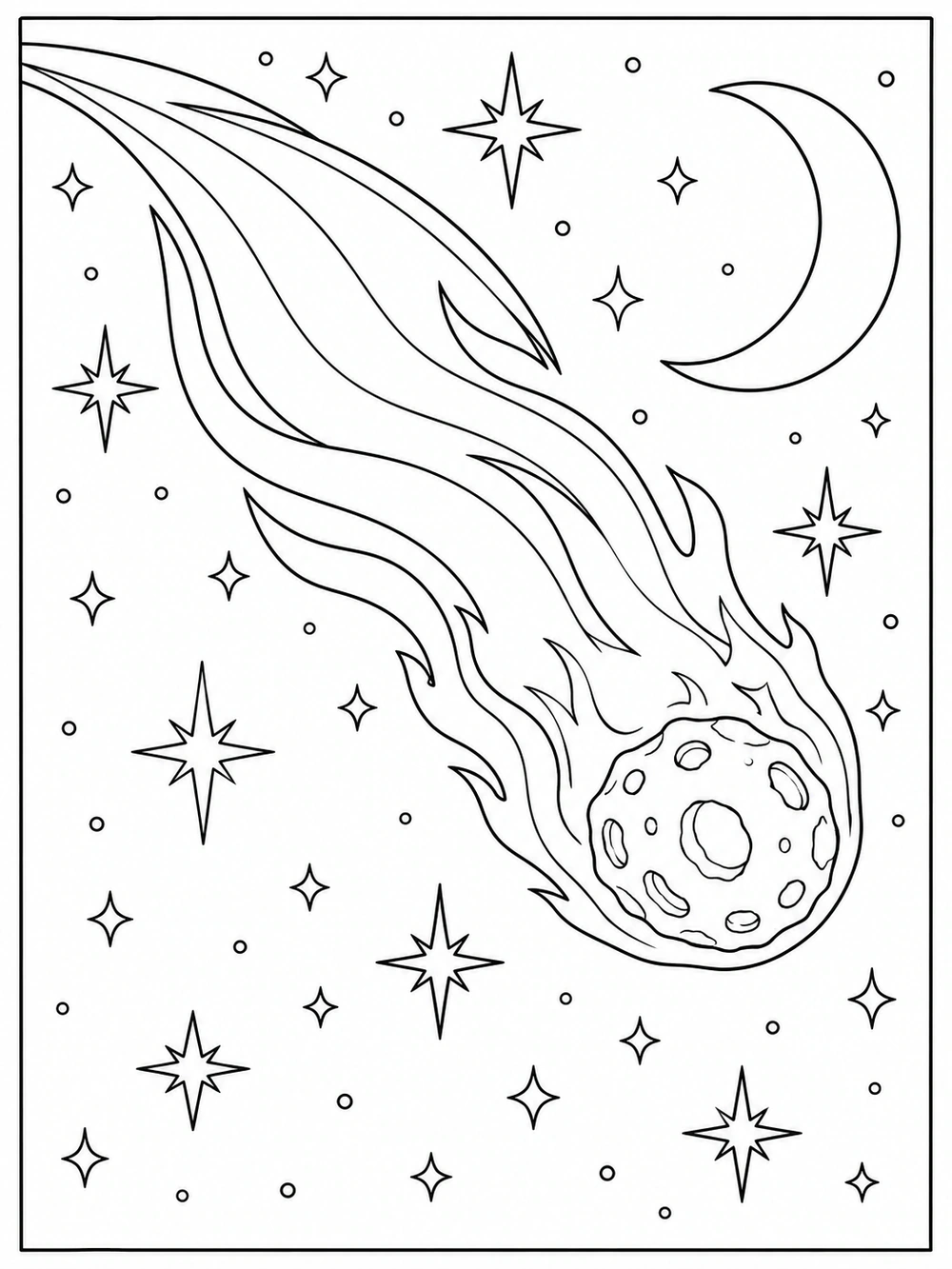 Black and white space coloring page with a long-tailed comet, crescent moon, and stars.