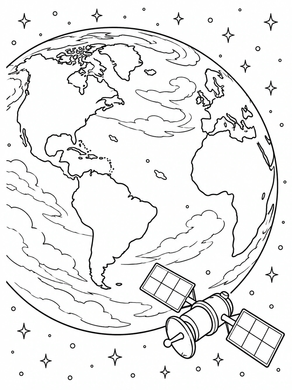 Black-and-white coloring page showing Earth from orbit with broad continents, cloud bands, stars, and a foreground satellite.
