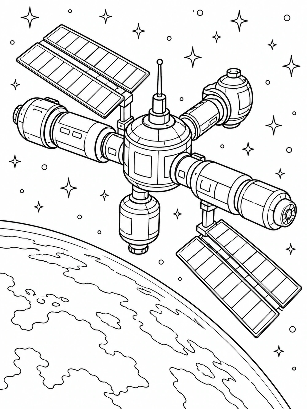 Black-outline coloring page of a modular space station with two solar panel wings above Earth's curved horizon.