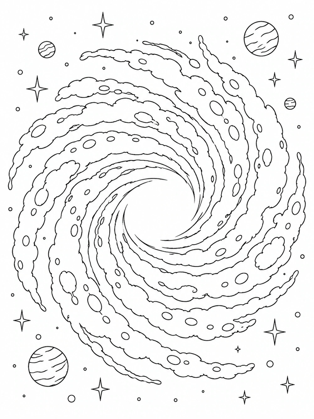Black-and-white spiral galaxy coloring page with broad arms, stars, and small planets