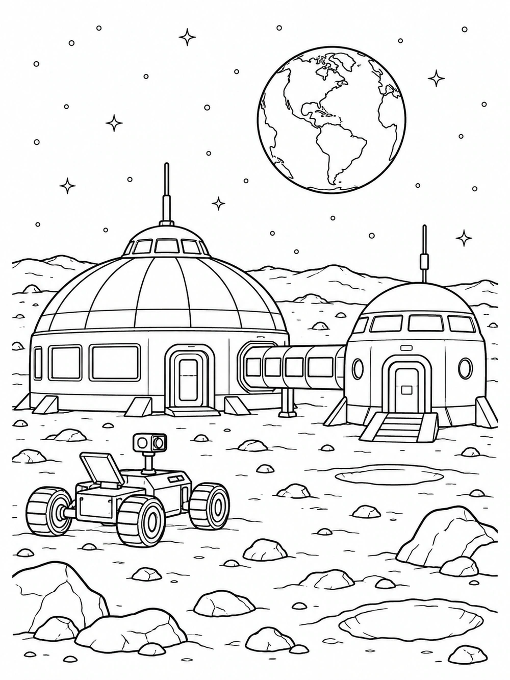 Lunar base coloring page showing two domed habitats, a connecting walkway, a small rover, a low ridge, and Earth overhead.