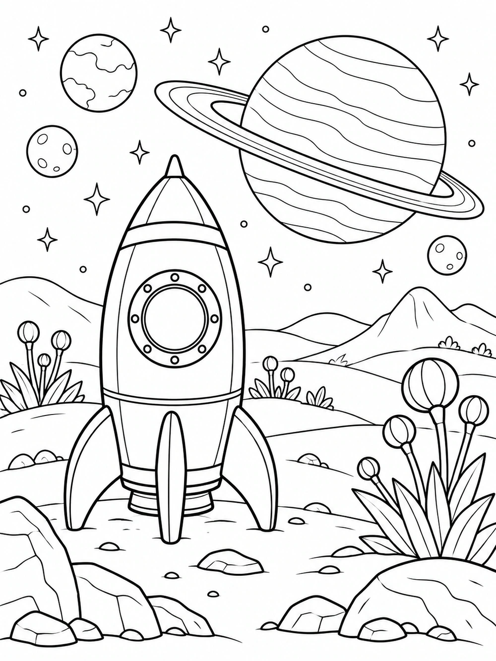 Rocket resting on a rounded alien planet beneath a ringed world coloring page