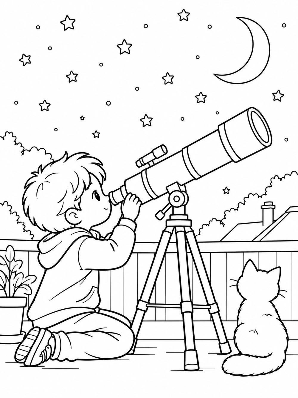 A child looks through a large backyard telescope toward a crescent moon, with stars, a fence, rooftops, and a seated cat.