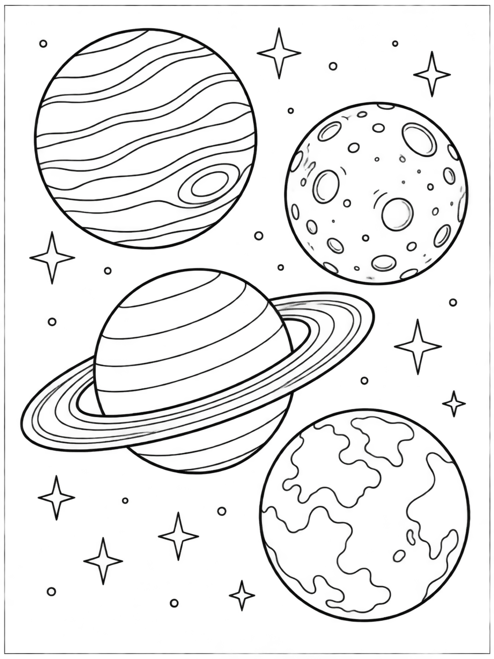 Four outlined planets—striped, cratered, ringed, and covered in broad patches—arranged diagonally among stars on a space coloring page.