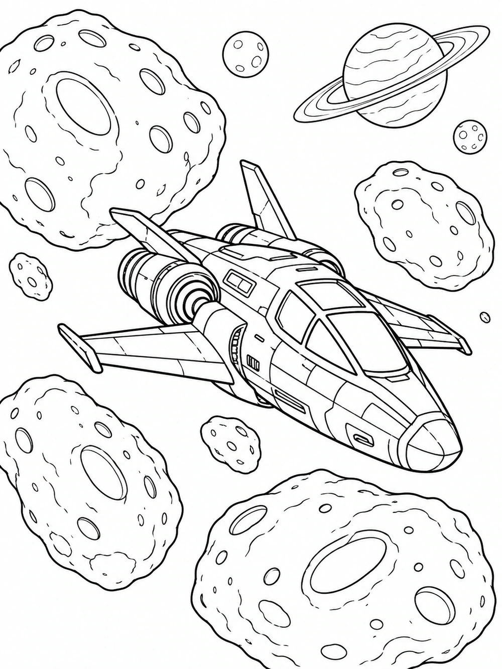 Black-and-white coloring page of an exploration ship weaving through a field of cratered asteroids, with a ringed planet in the background.