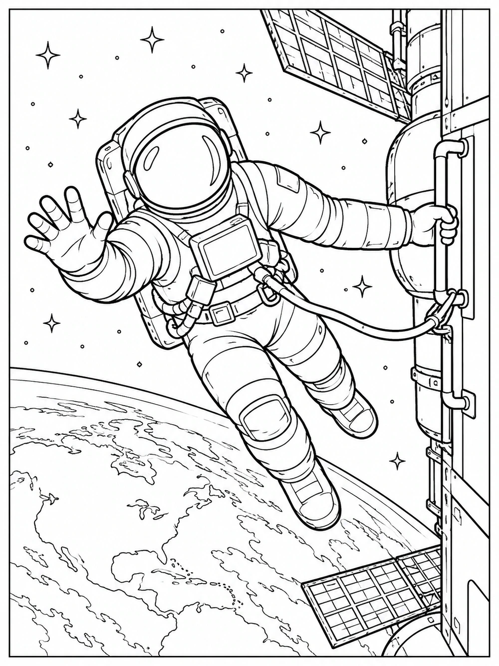 Black-and-white coloring page of an astronaut tethered to a space station above Earth