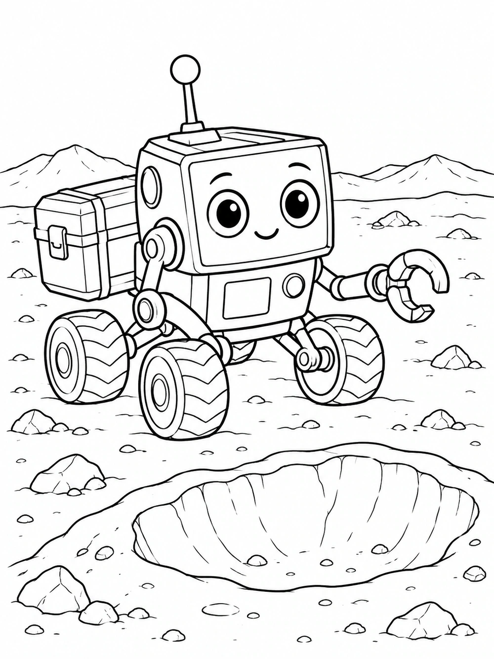 Friendly square-bodied robot explorer with antenna and sample box rolling across the moon beside a large crater.