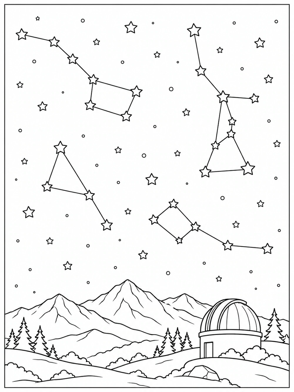 Spacious star constellations connected by thin lines over mountains, pine trees, and an observatory dome, in a black-and-white coloring page.