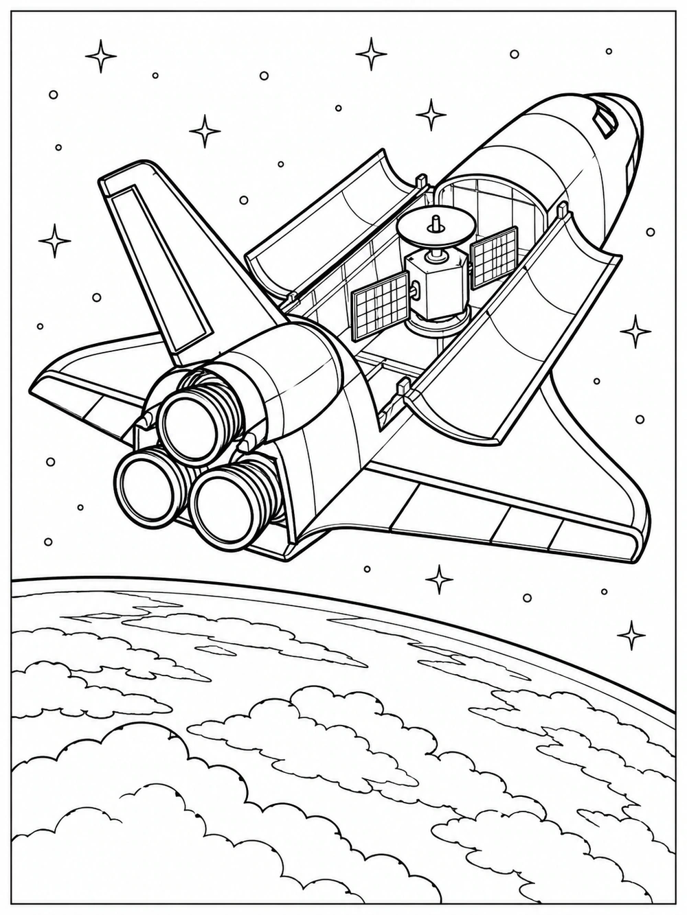 Space shuttle flying above the curved Earth, with open cargo bay and satellite, in a black-and-white coloring page.