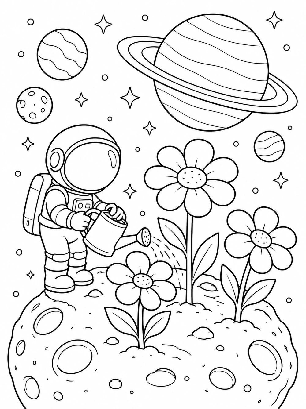 A tiny astronaut watering three flowers on a cratered moon, with a large ringed planet overhead, in a black-and-white space coloring page.