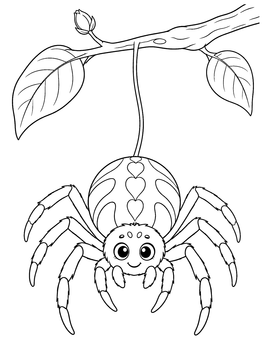 Smiling spider with heart-shaped body markings dangling from a thread beneath a branch with two leaves and a bud