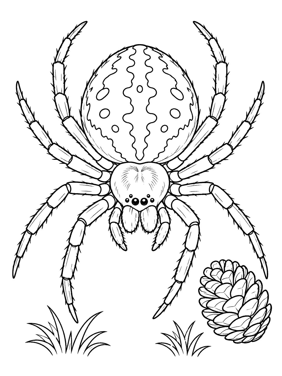 Top-down garden spider with eight separated legs beside a pine cone and two grass tufts on a white coloring page.