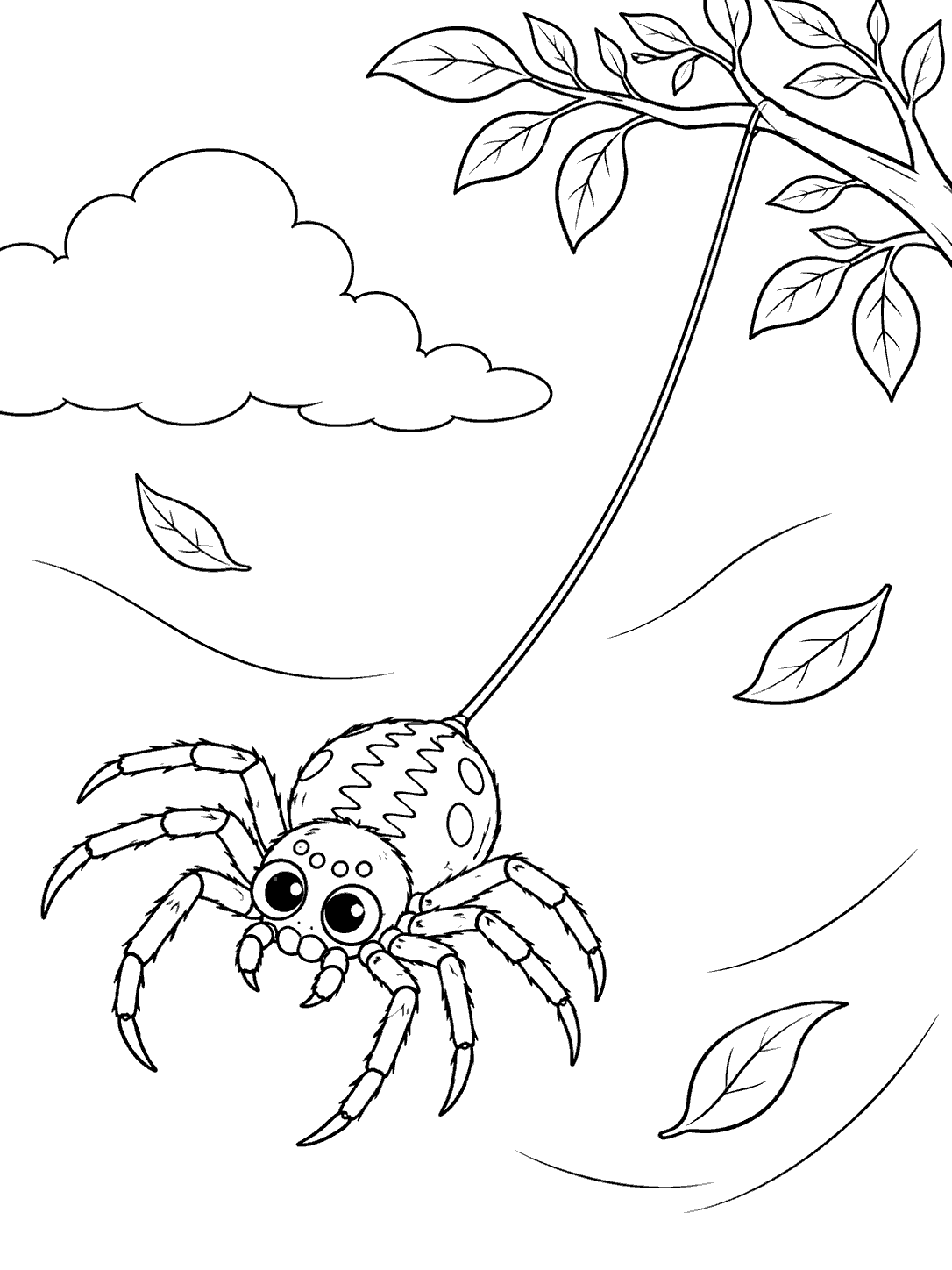 A patterned spider with eight legs drifting on a long silk strand among leaves and a cloud.