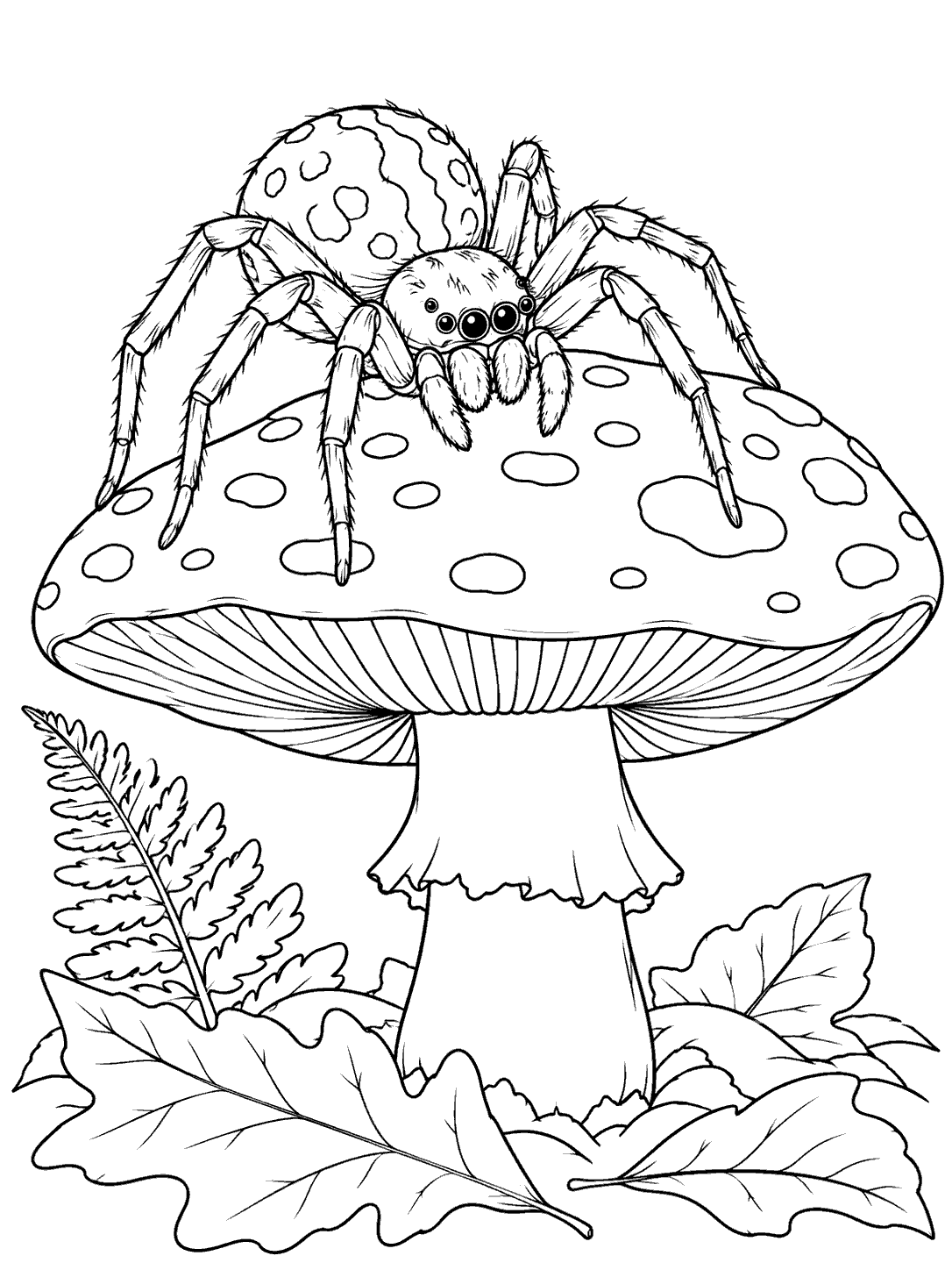 Spider exploring a mushroom among woodland leaves and a fern