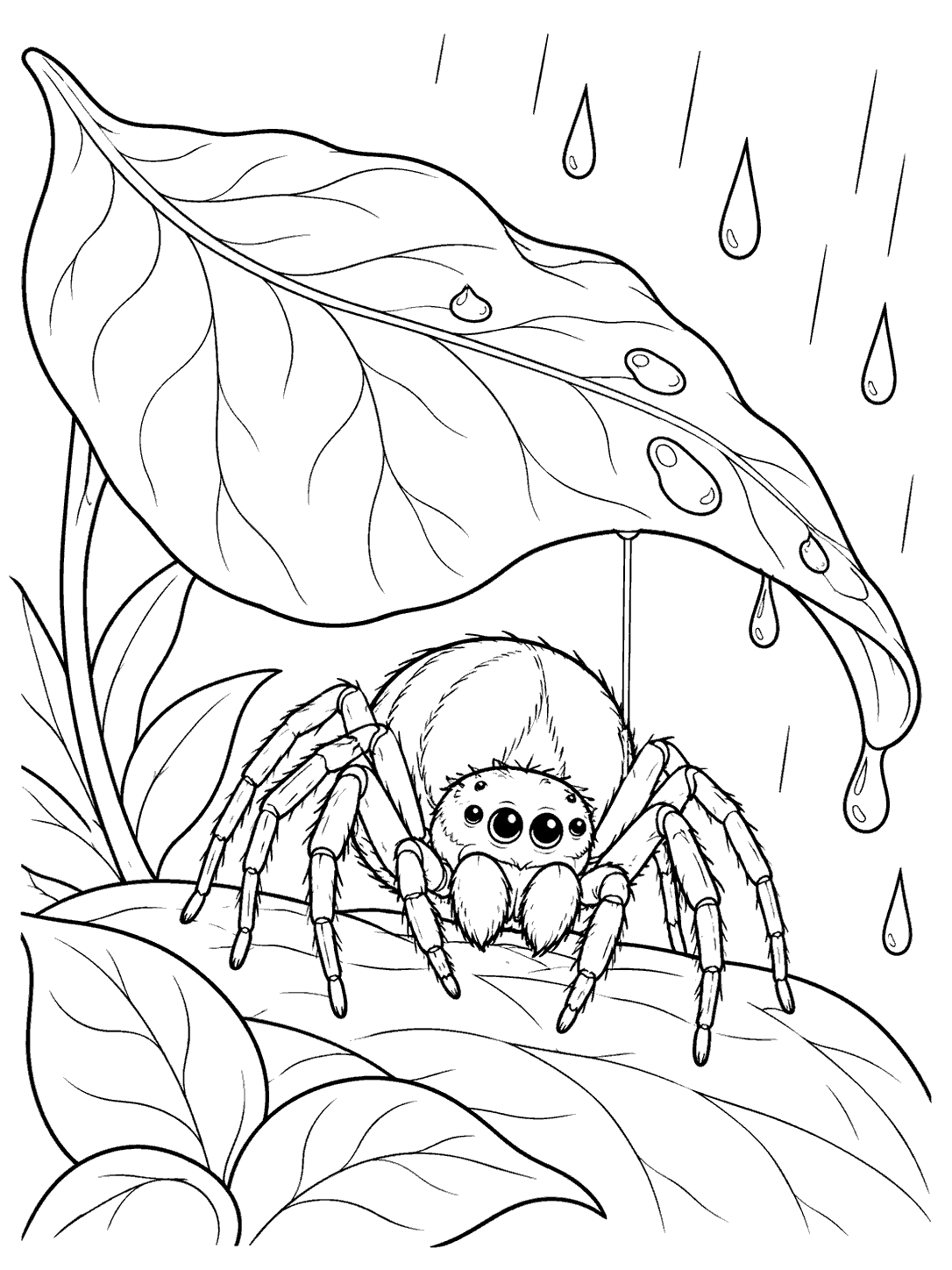 Eight-legged spider sheltered beneath a large curled leaf, with raindrops and a silk thread.