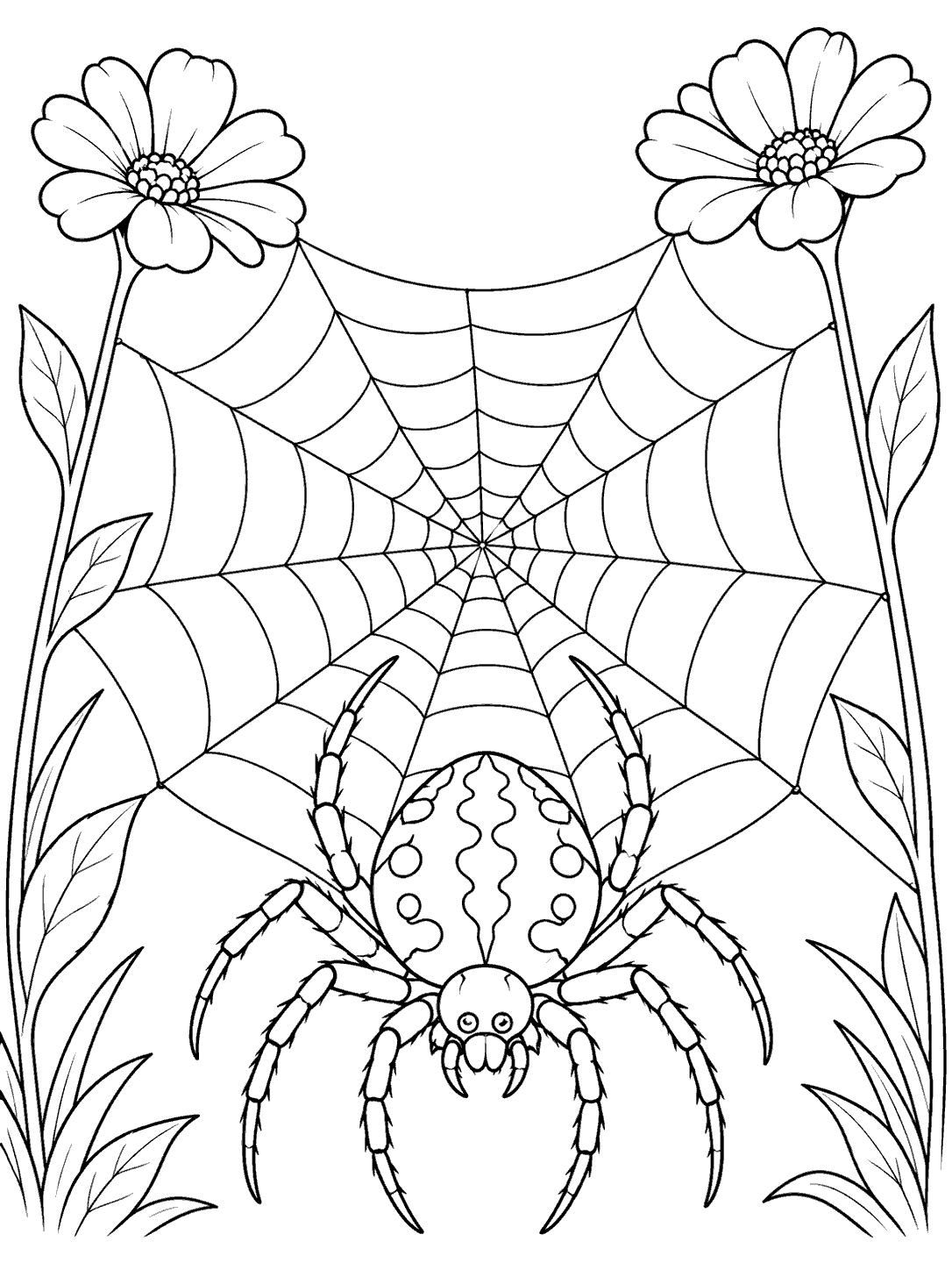 A round-bodied spider with distinct legs beneath an orb web between two tall flower stems, drawn in black outlines on white.