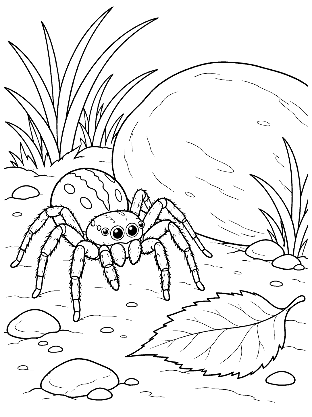 Large-eyed spider with eight visible legs beside a smooth stone, grass, and a fallen leaf on a garden path