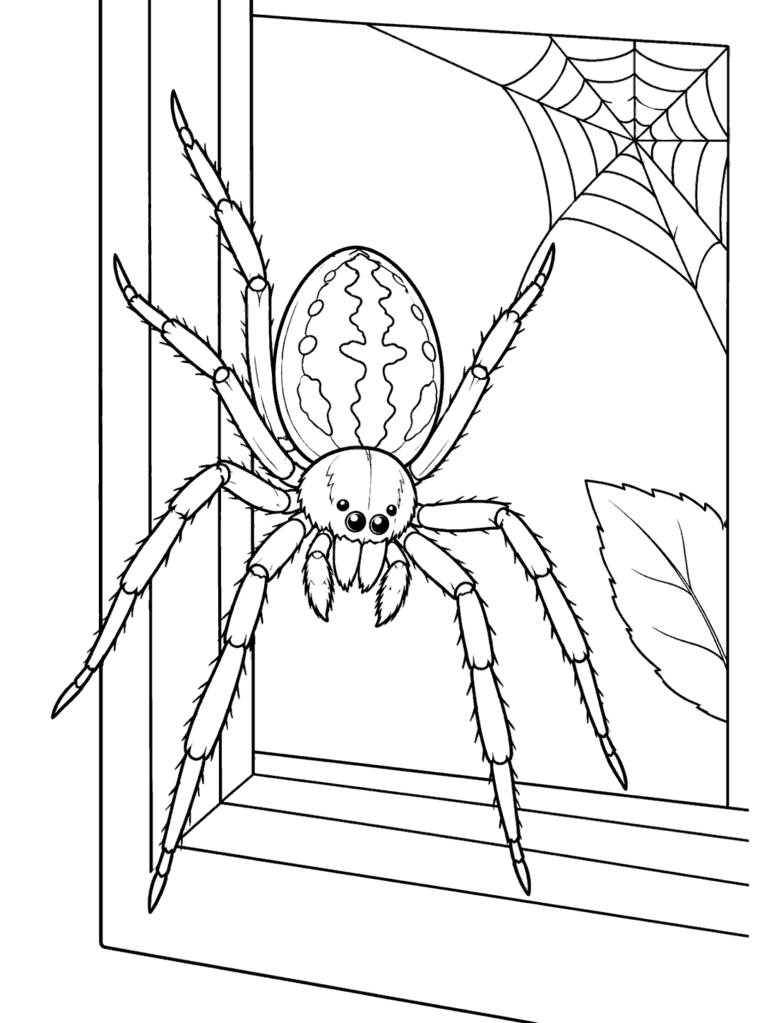 Large patterned spider on a window frame, with a web in the upper corner and a leaf outside.