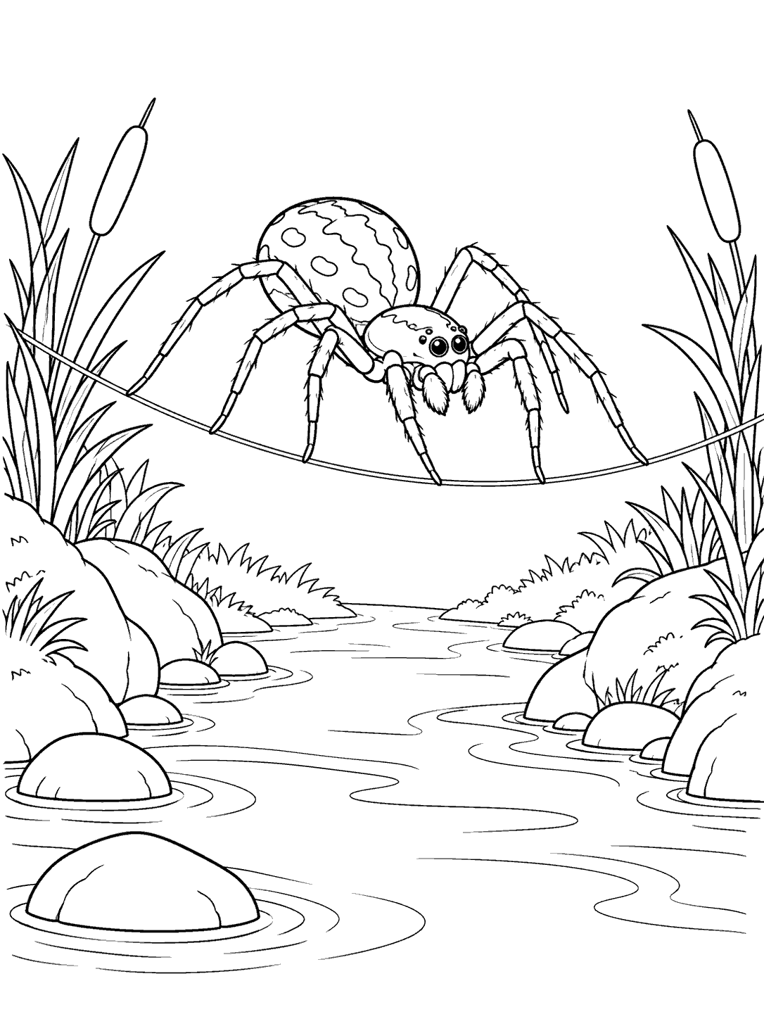 A patterned spider with eight clearly visible legs crosses a curved silk strand over a stream bordered by reeds and stones.
