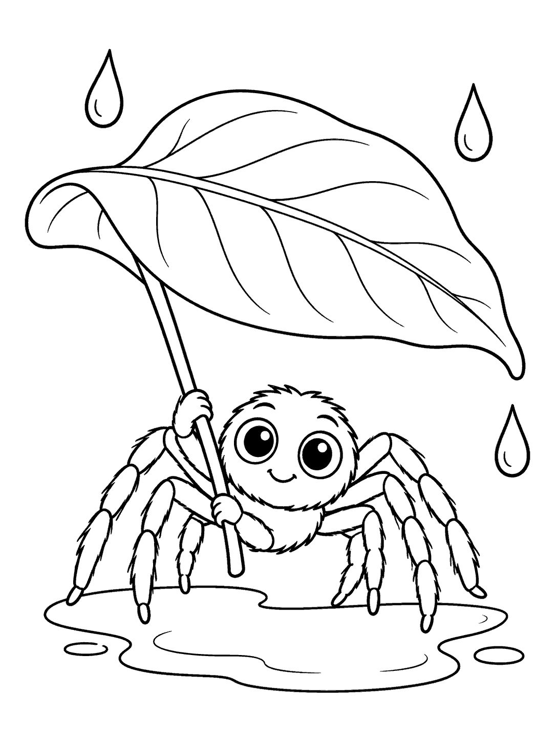 A smiling spider holds a large leaf overhead like an umbrella, standing in a puddle beneath three raindrops.