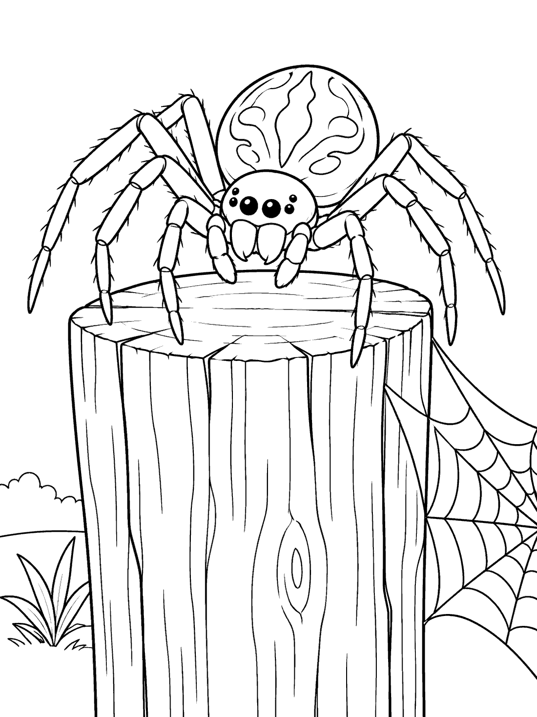 Spider atop a fence post beside a web