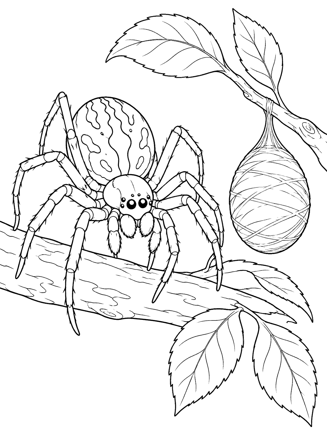 Black line art of a large eight-legged spider beside an oval silk egg sac attached to a leafy branch.