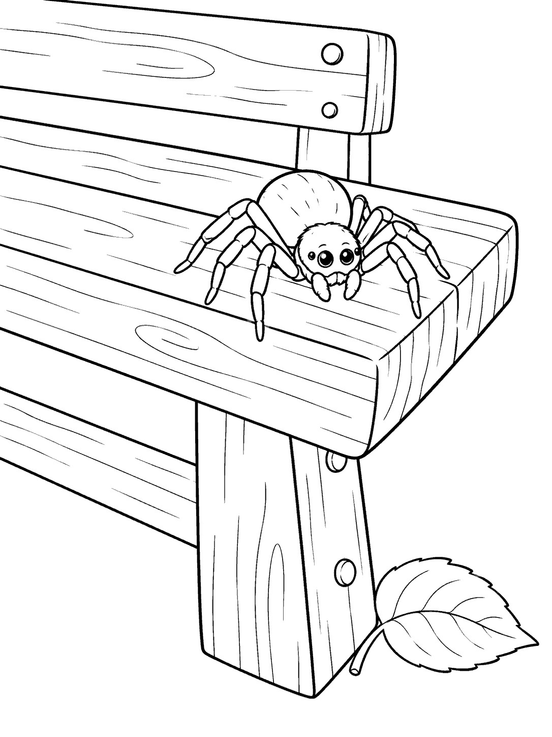A large, friendly spider with eight distinct legs crawls on a wooden garden bench, with a leaf beside one bench leg.