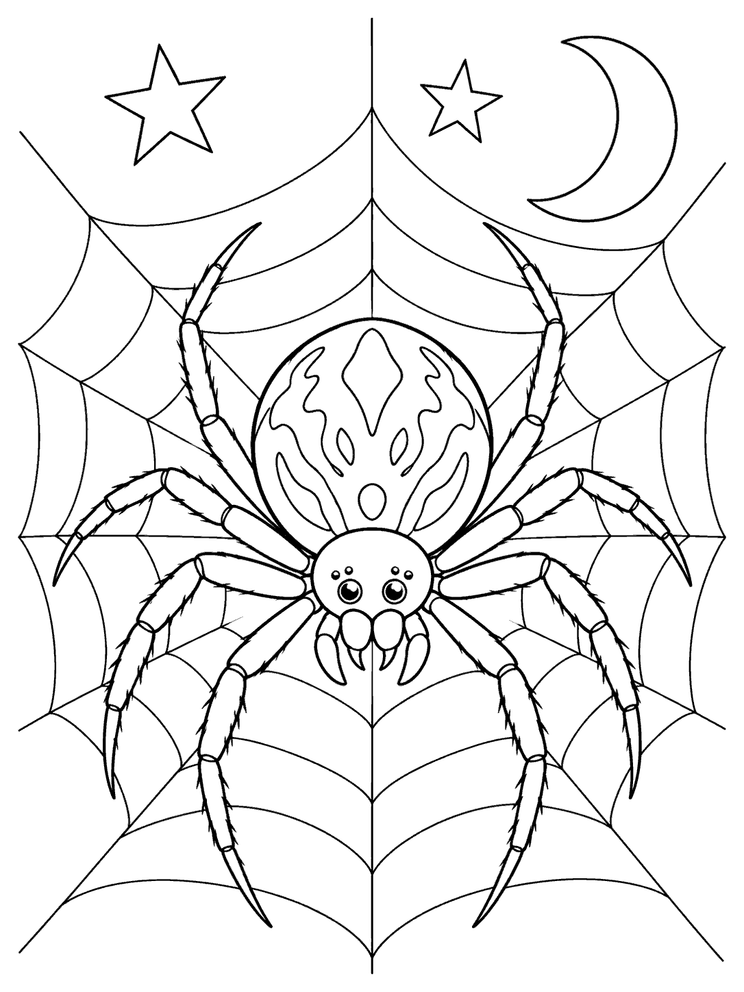 Large eight-legged spider in a web beneath a crescent moon and two stars