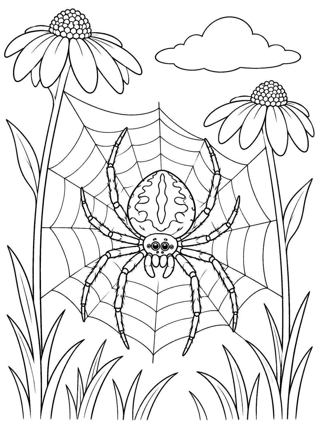 A large patterned spider on a web between two flowers, with grass and a distant cloud