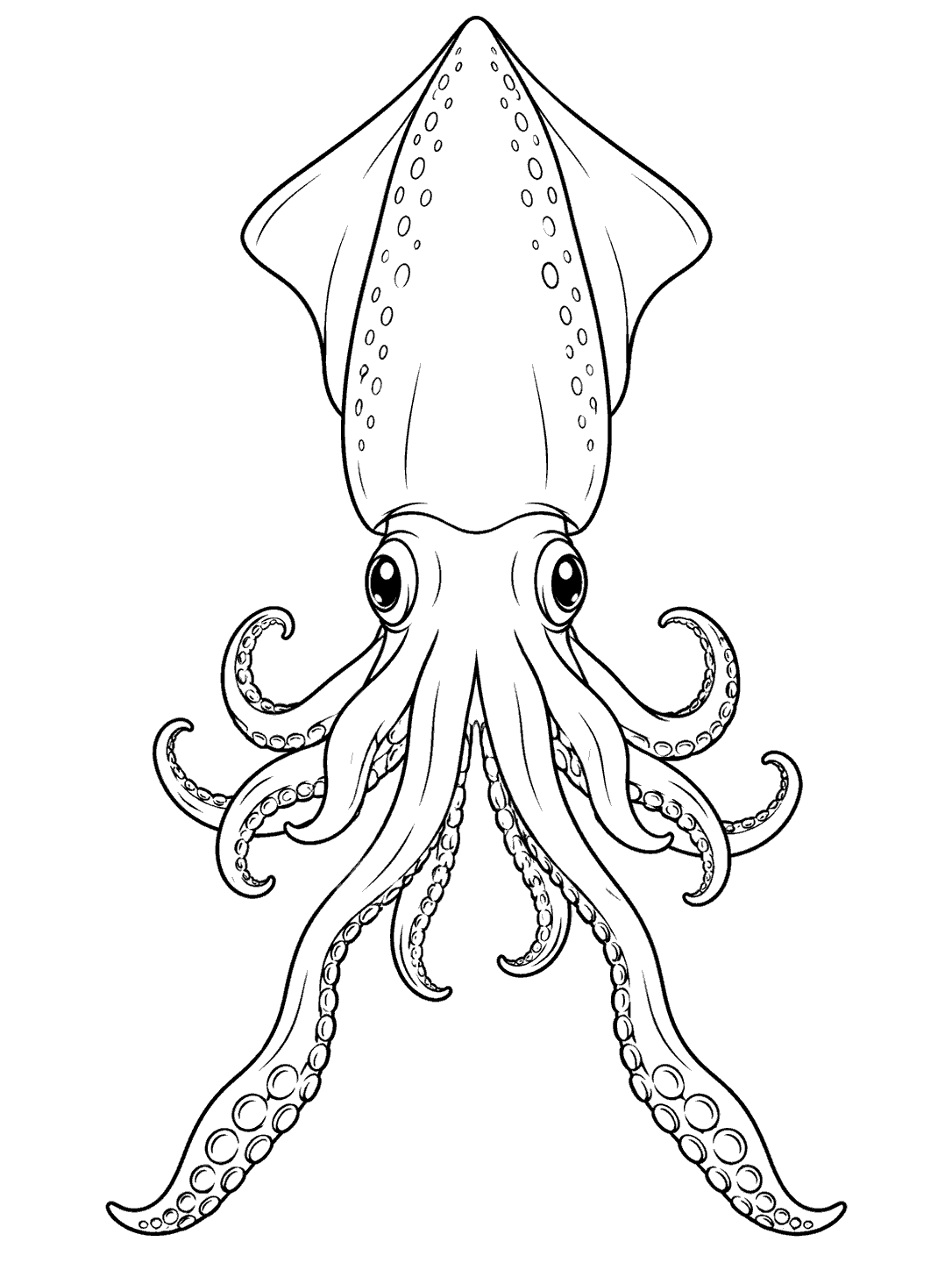 Curious squid floating upright with curled tentacles coloring page