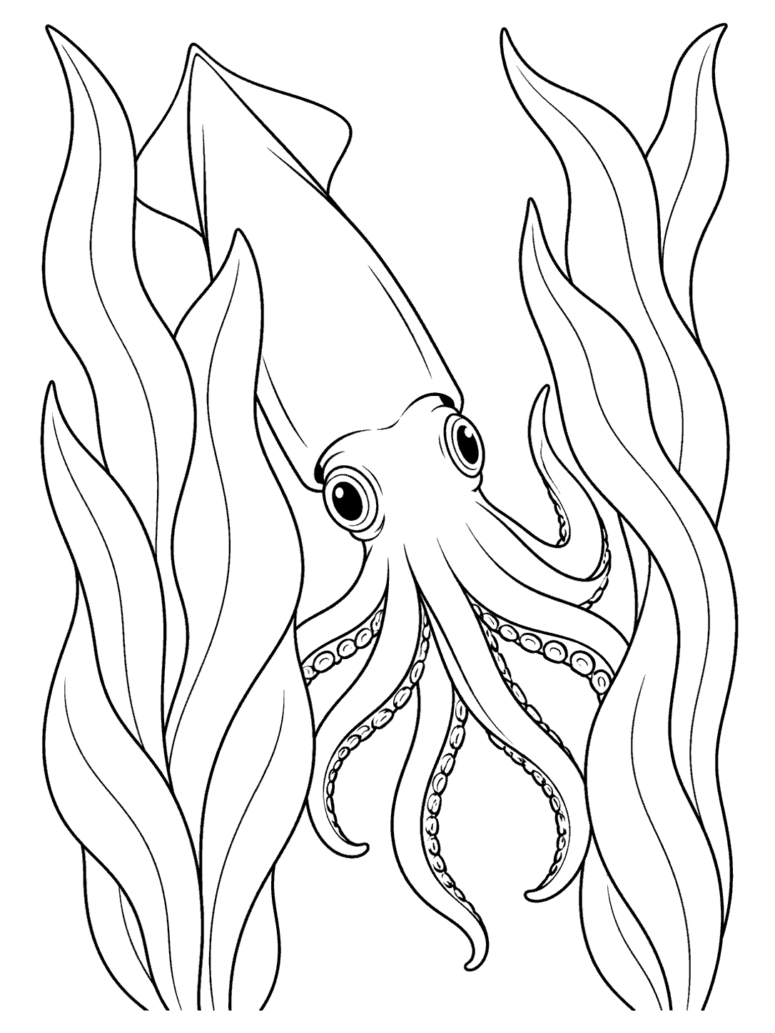 A squid with visible arms and round eyes peeks between tall seaweed fronds on a black-and-white coloring page.