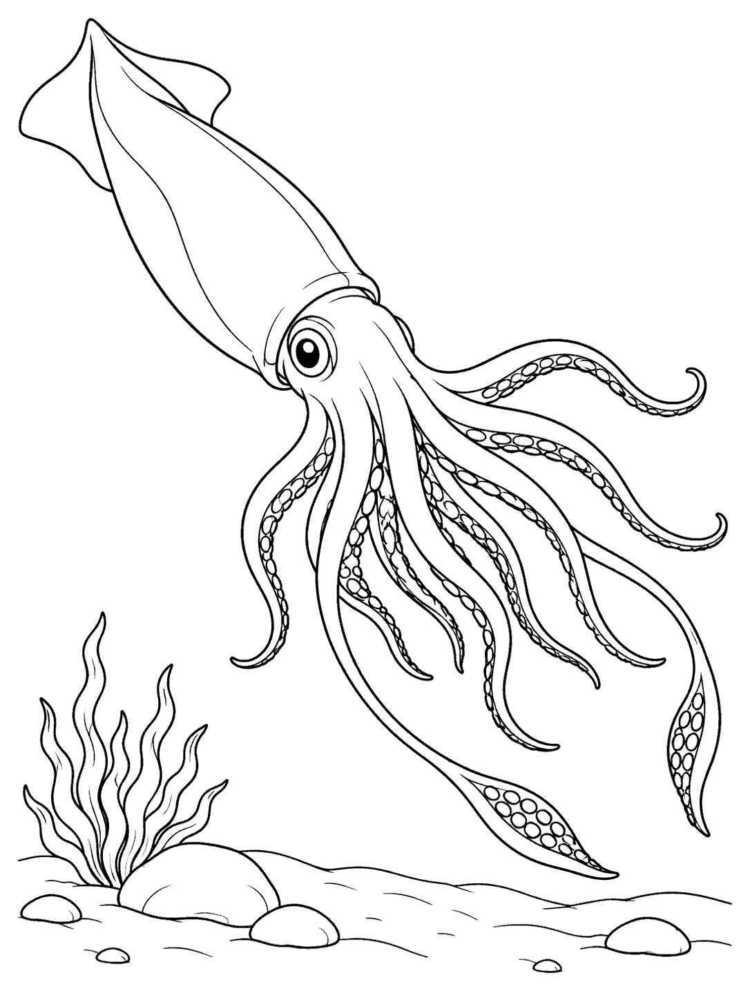 Giant squid gliding above an ocean floor with stones and sea plants coloring page