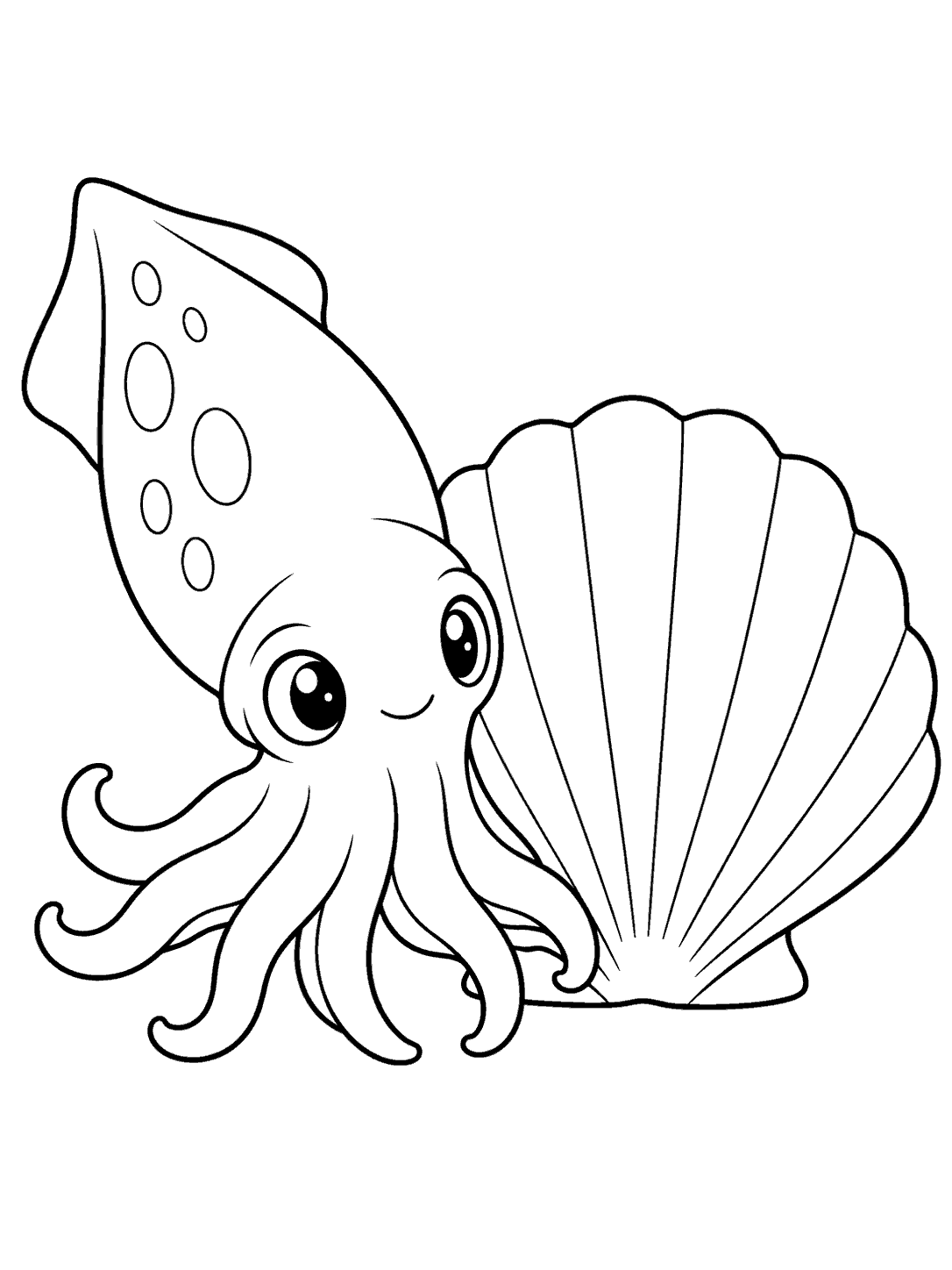 Baby squid beside a shell coloring page