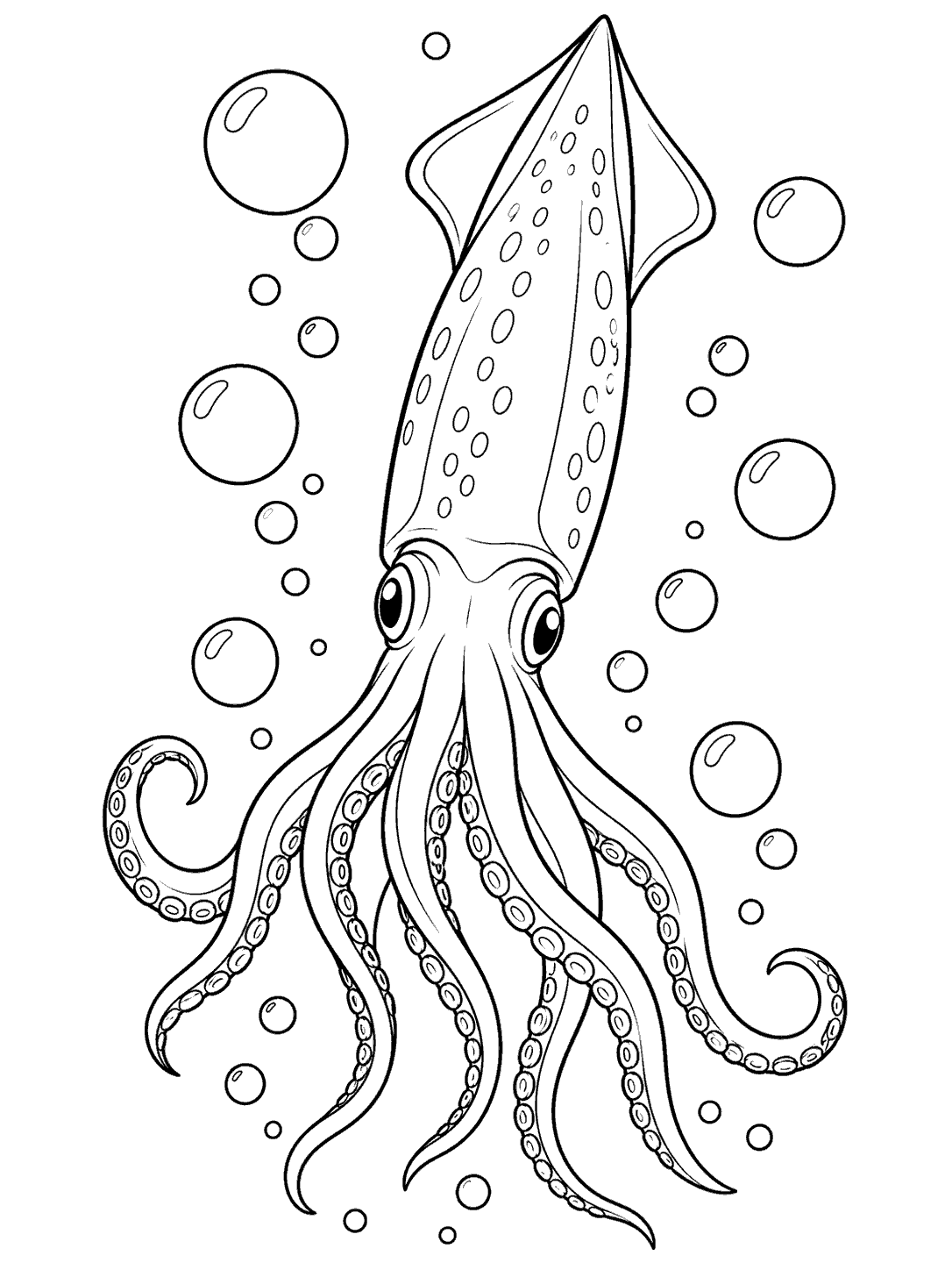 Squid swimming upward through bubbles coloring page