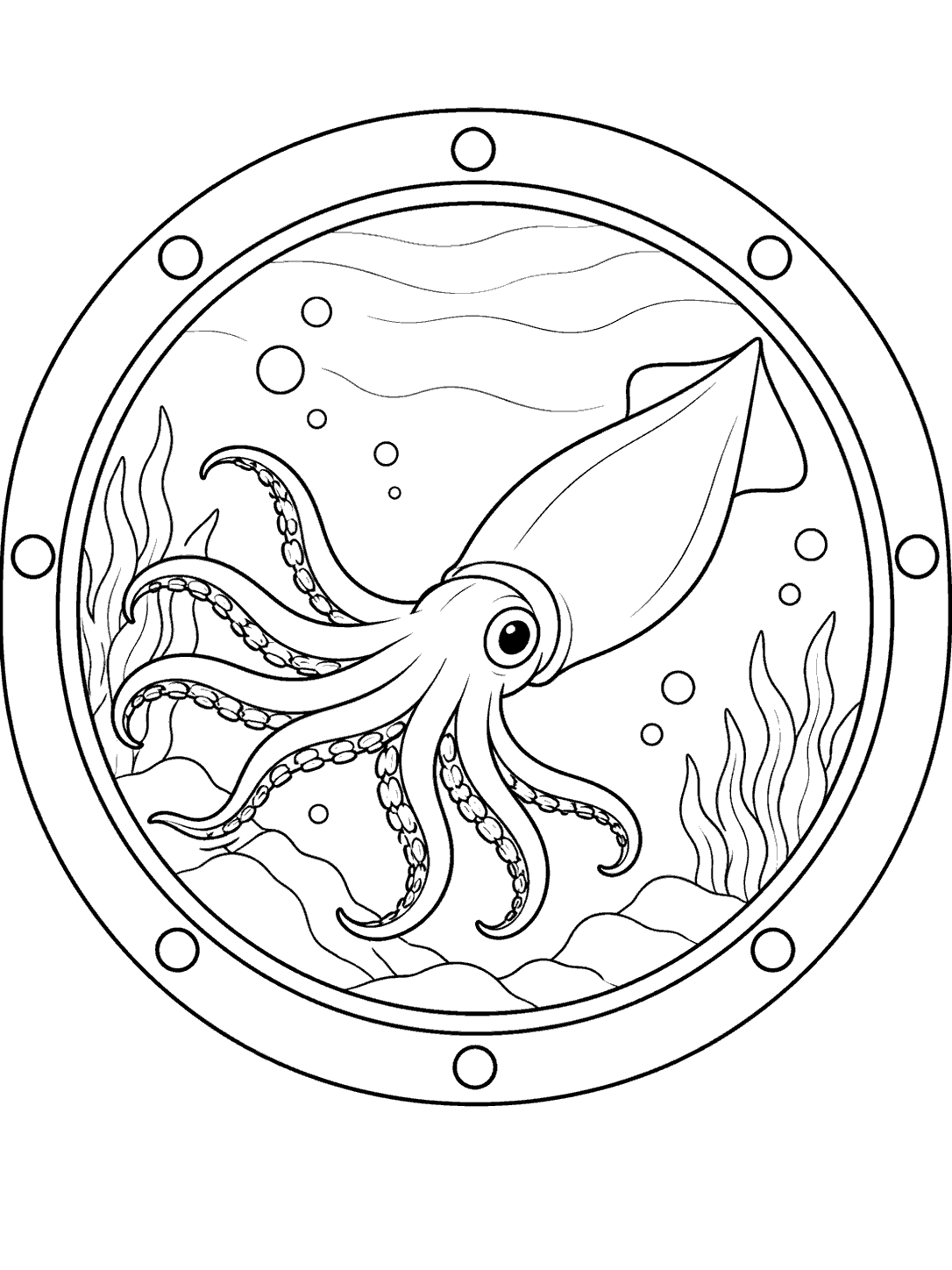 Squid swimming outside a submarine porthole coloring page
