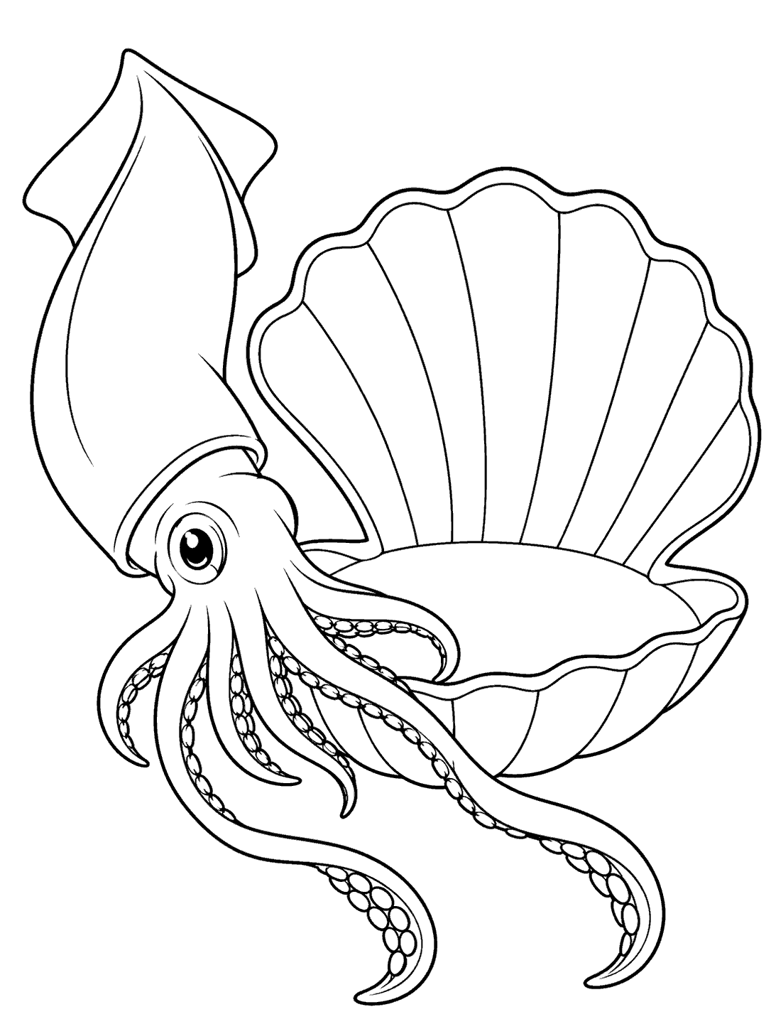 Black-and-white coloring page showing a squid with long curling tentacles beside a wide open seashell.