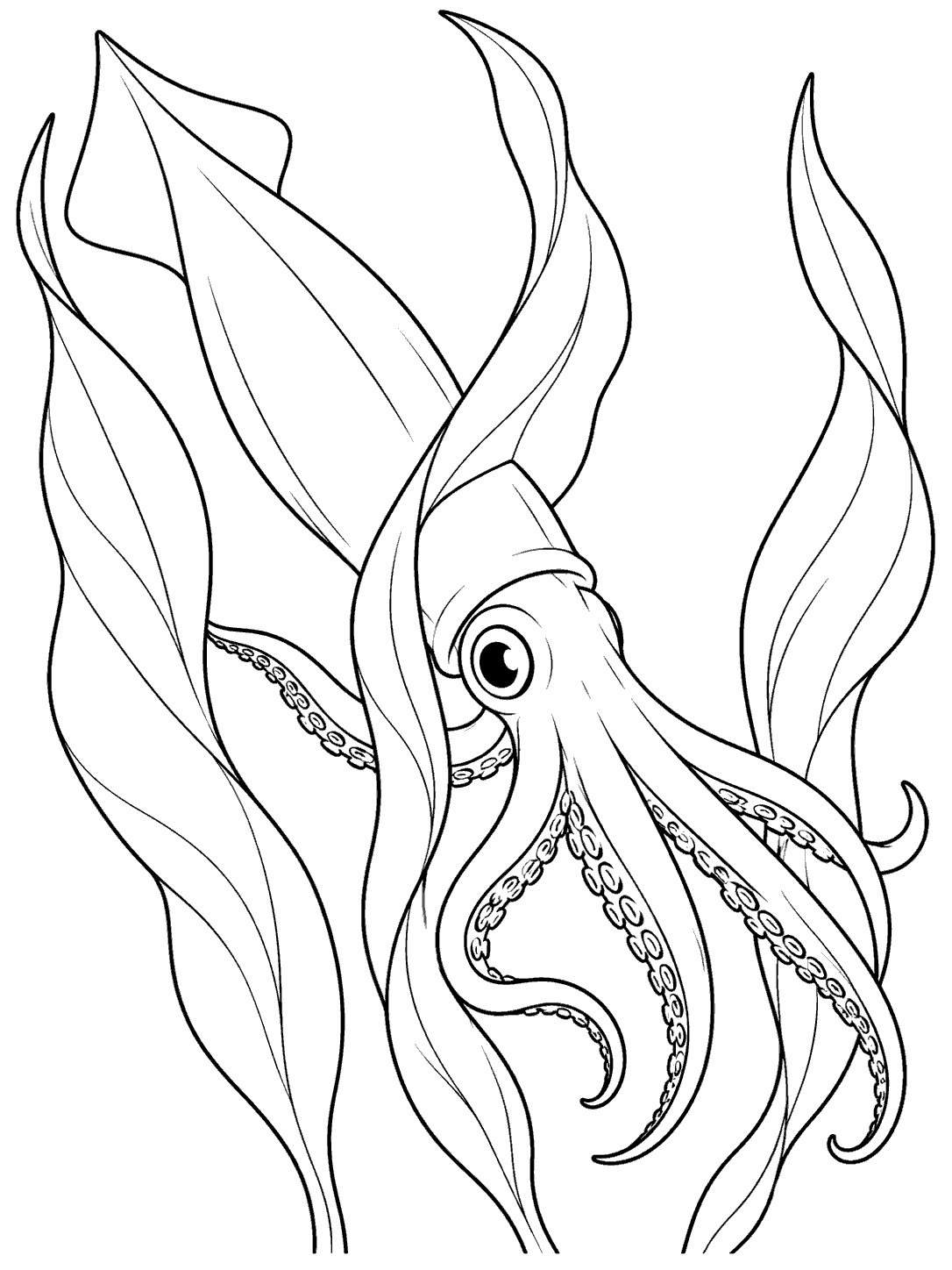 Squid weaving through kelp leaves coloring page