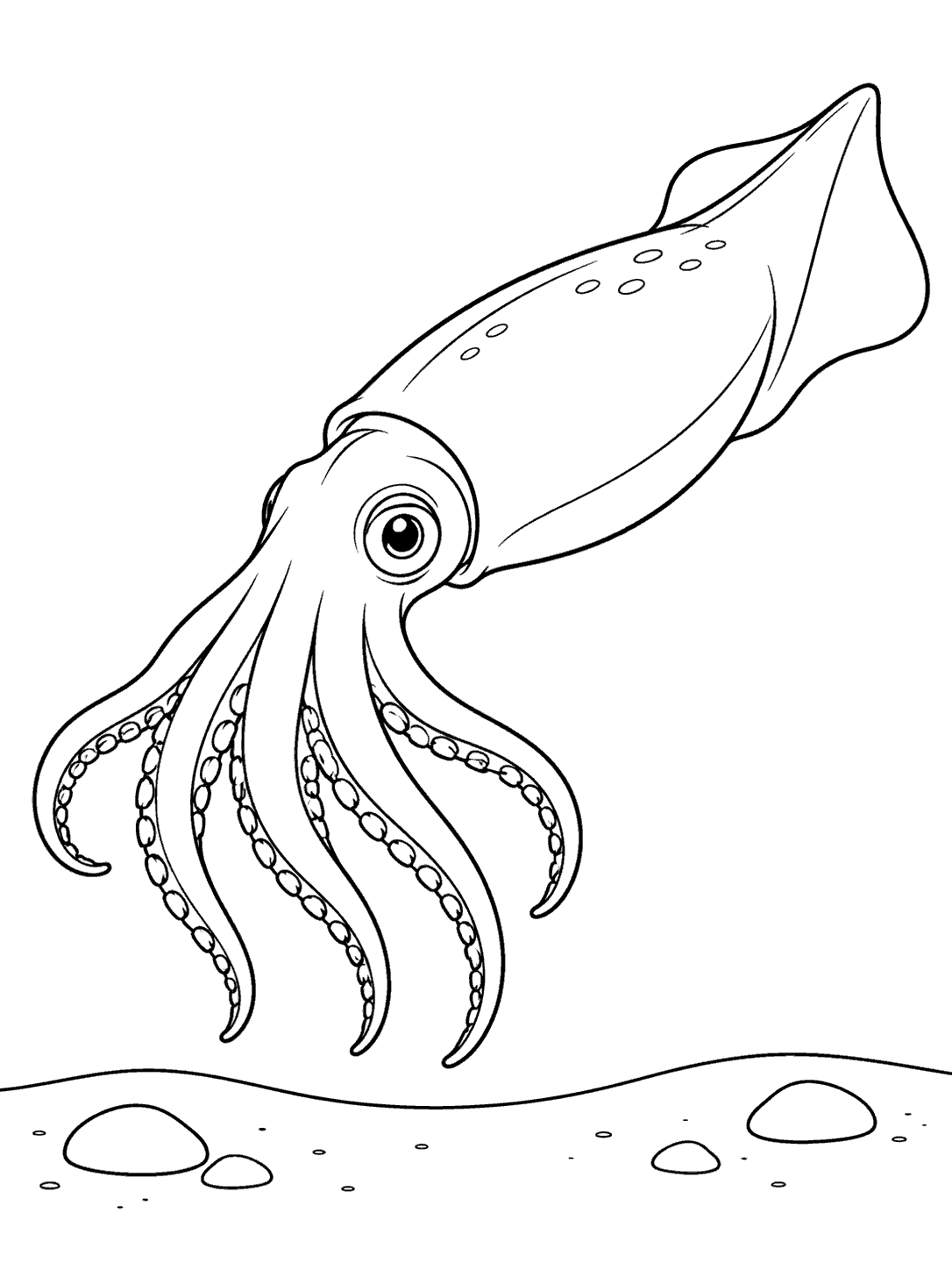 Squid swimming above a pebbled seabed coloring page