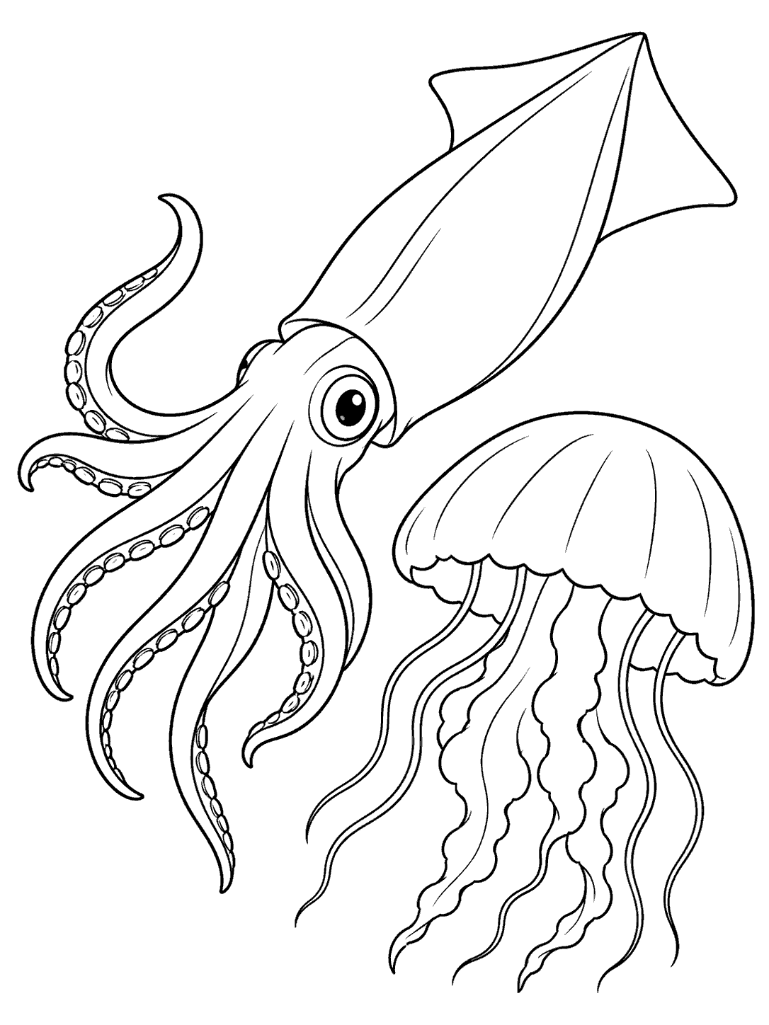 Black outline coloring page of a large squid swimming beside a moon jellyfish on a white background.
