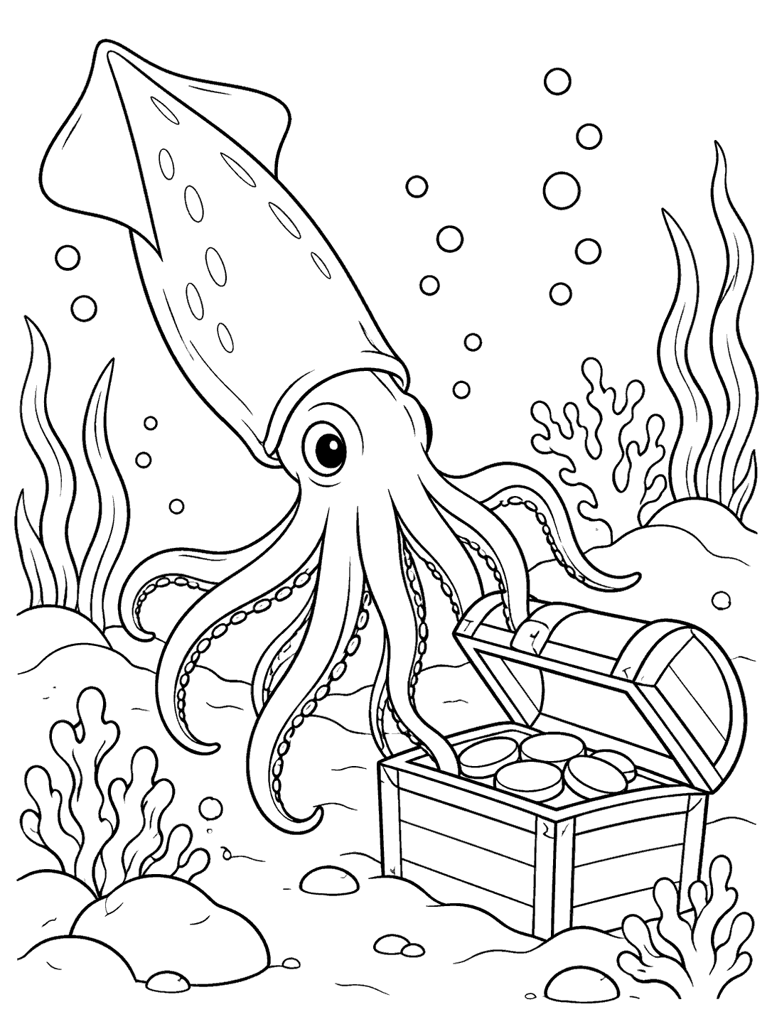 Squid exploring an open treasure chest in an underwater coloring page
