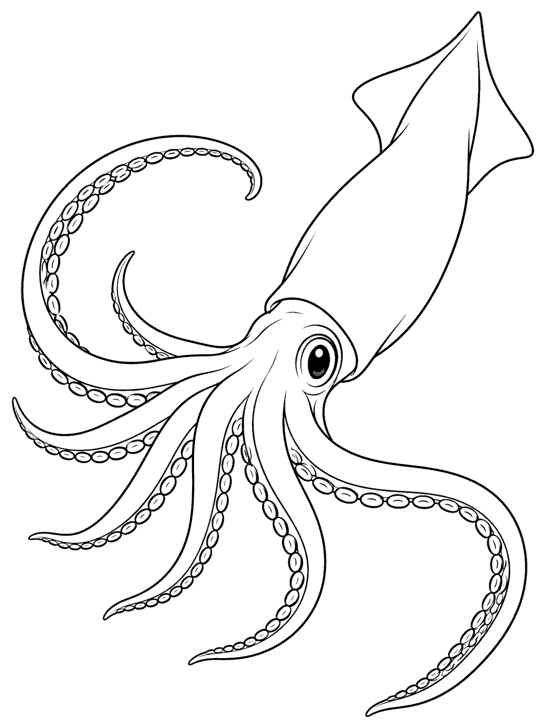 Squid swimming along a spiral path coloring page