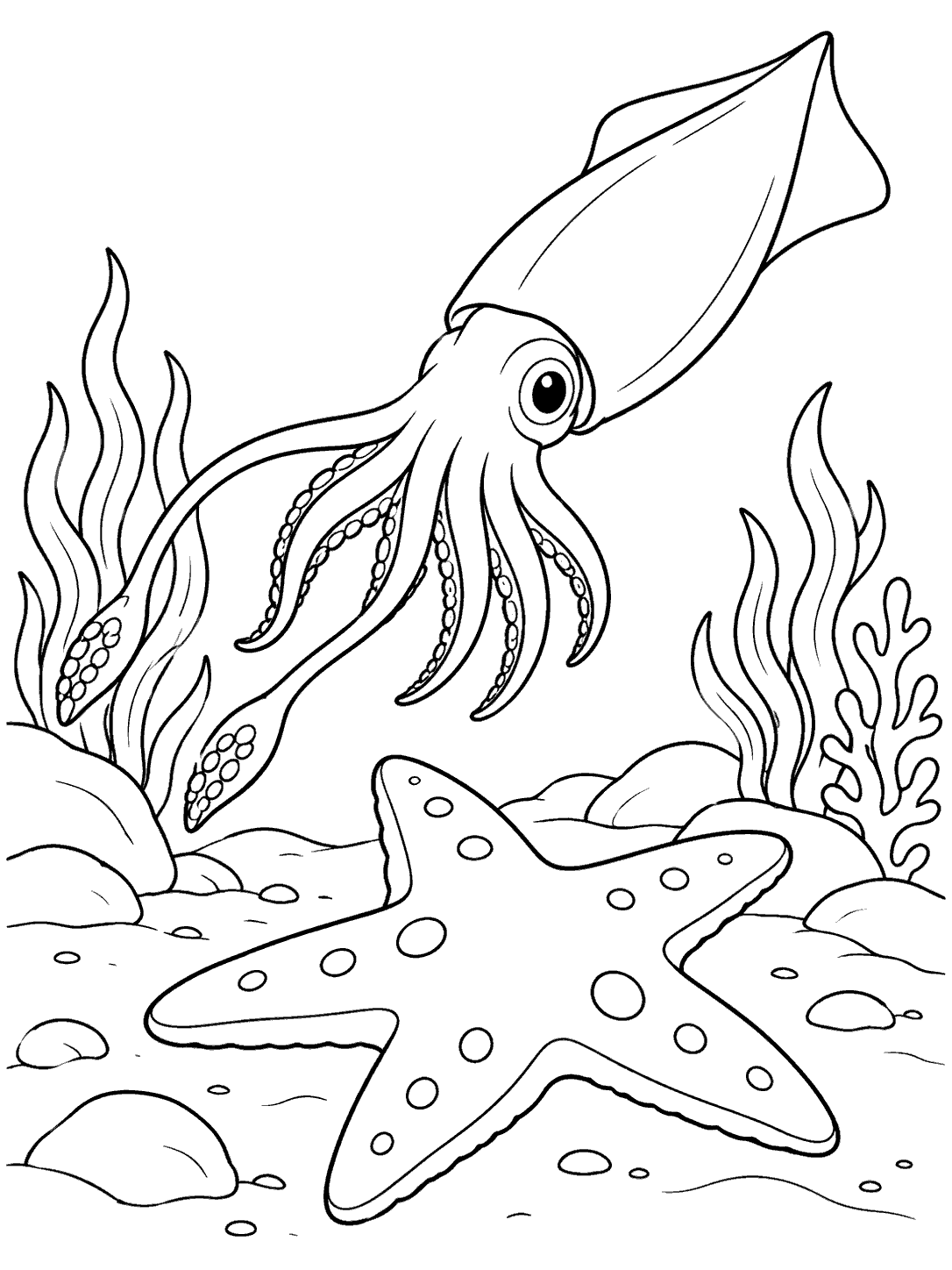 Black-and-white coloring page showing a squid above a five-armed spotted starfish on the seafloor, with sea plants and rocks.