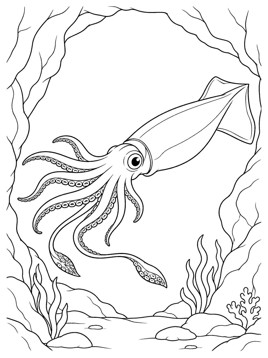 Squid swimming through an ocean cave coloring page