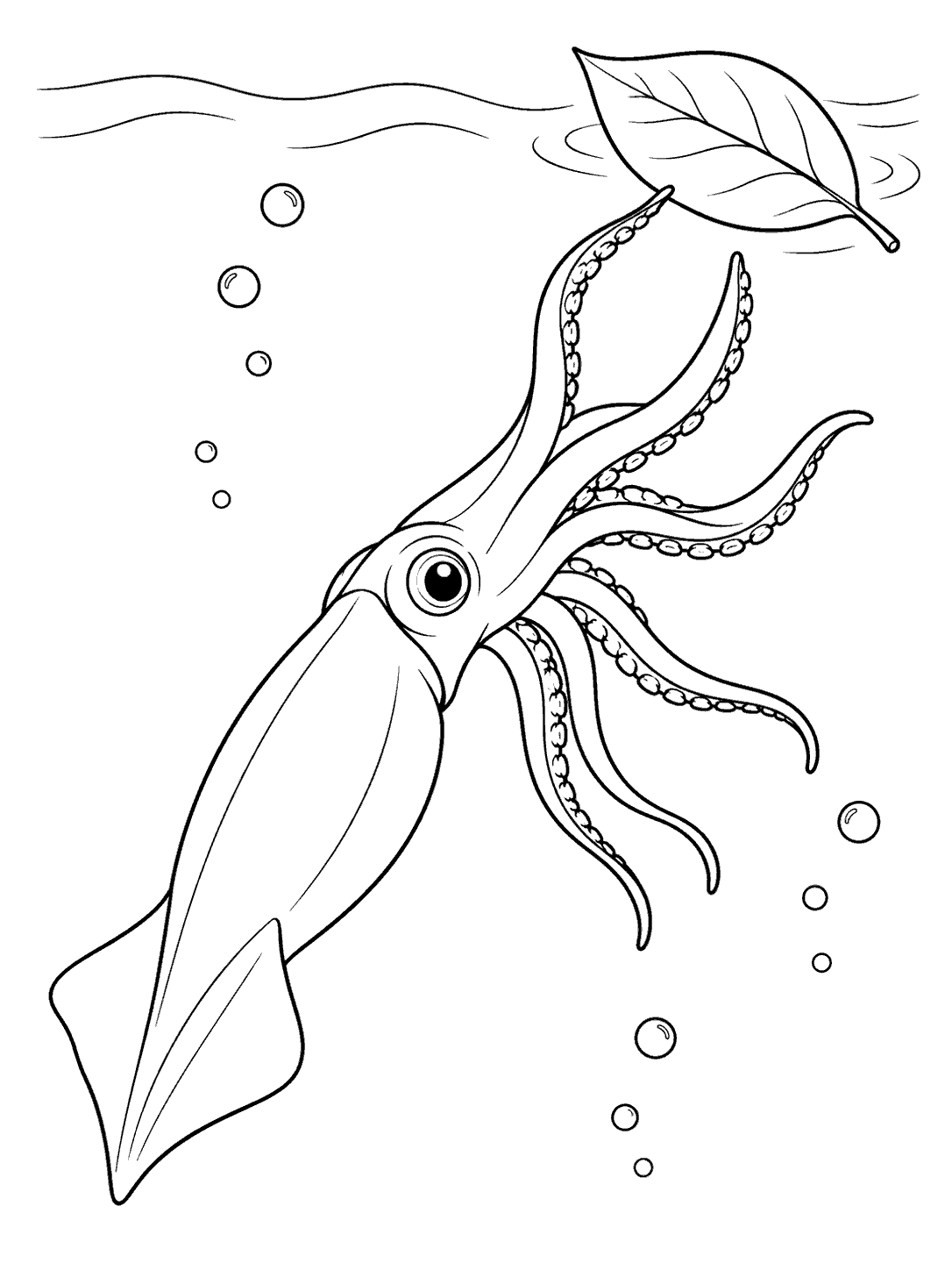 Squid reaching toward a broad floating leaf on a printable coloring page