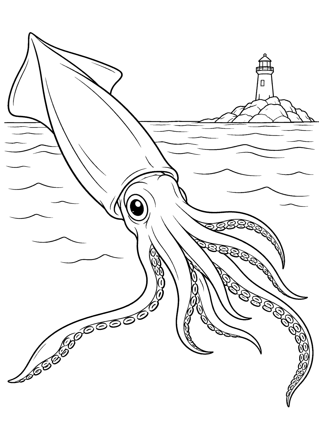 Black outline coloring page of a prominent squid swimming in front of a distant lighthouse on a rocky islet, with waves and white space.