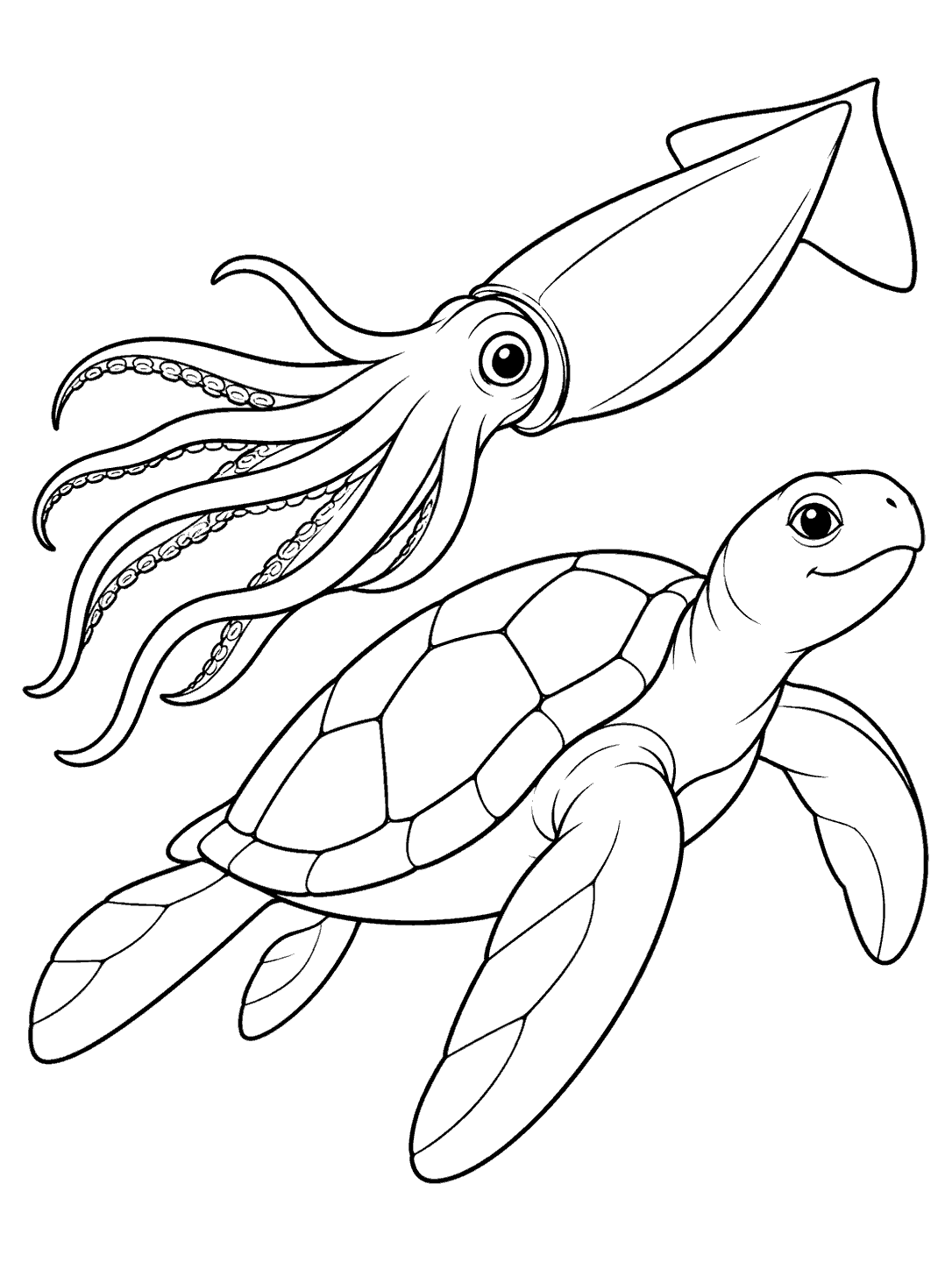 Squid gliding above a sea turtle with a broad segmented shell and four flippers, drawn as a black-and-white coloring page.