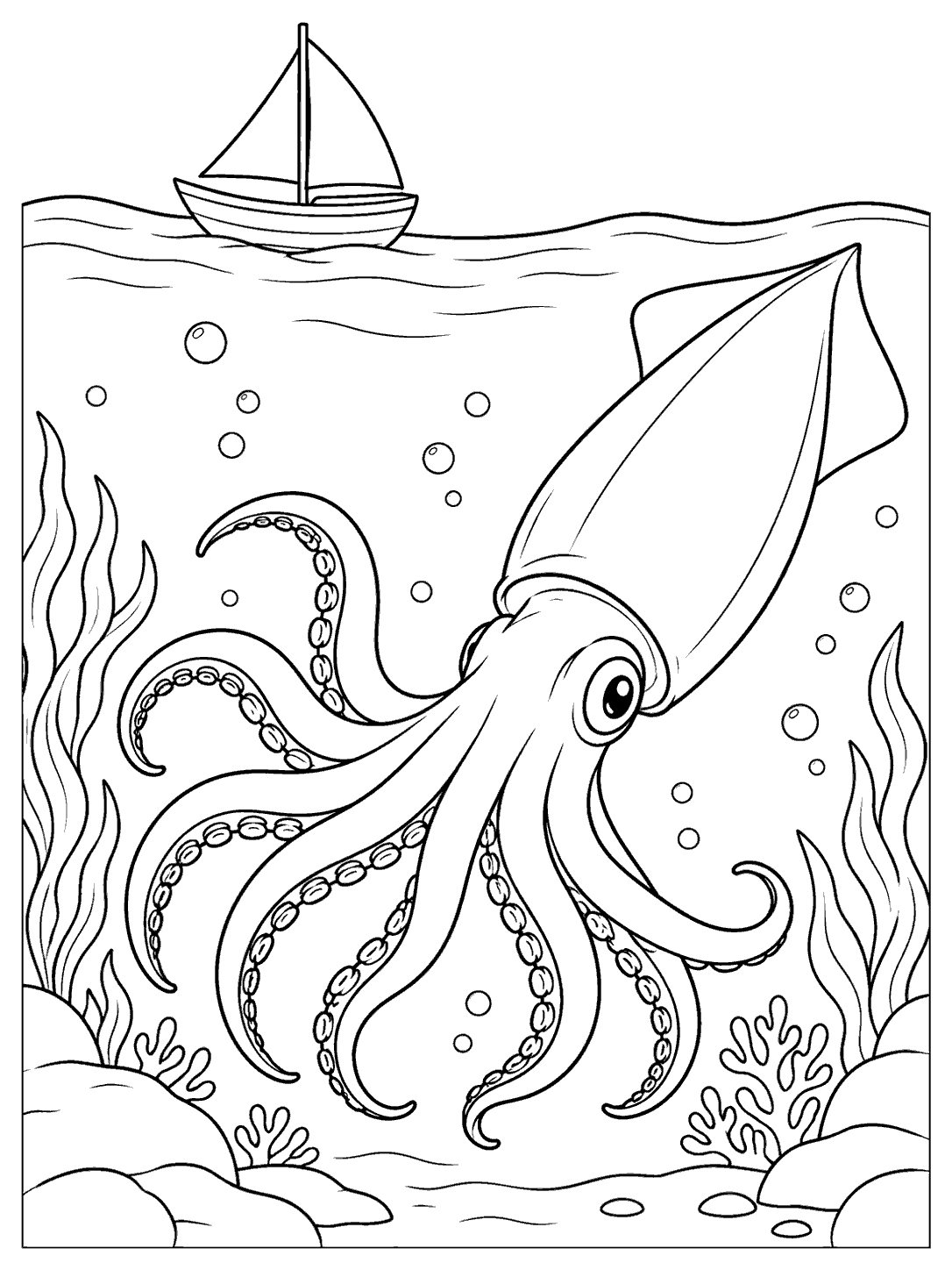 Squid swimming beneath sailboat coloring page