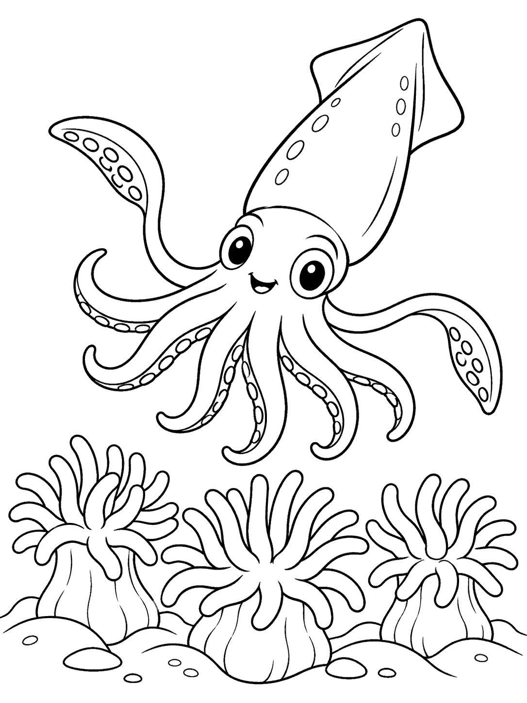 Cheerful squid floating above three sea anemones coloring page